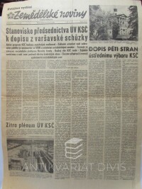 kolektiv, autorů, Zemědělské noviny - zvláštní vydání 18. 7. 1968, ročník XXIV: Stanovisko předsednictva ÚV KSČ k dopisu z varšavské schůzky atd., 1968